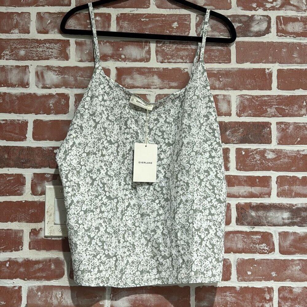 NWT Everlane The Slip Cami Tank Top Floral Print Sage Green White Size 16